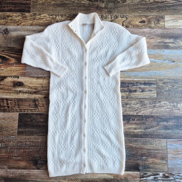Vintage Liz Claiborne Lambswool Angora Cable-Knit Button-Up Sweater Dress Ivory - Picture 3 of 12